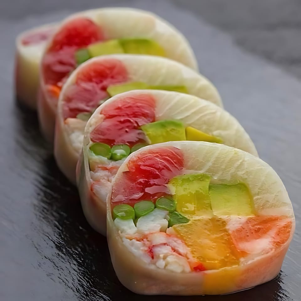 Four colorful Blue Koi Sushi spring rolls with tuna, avocado, and other fillings on a dark surface.
