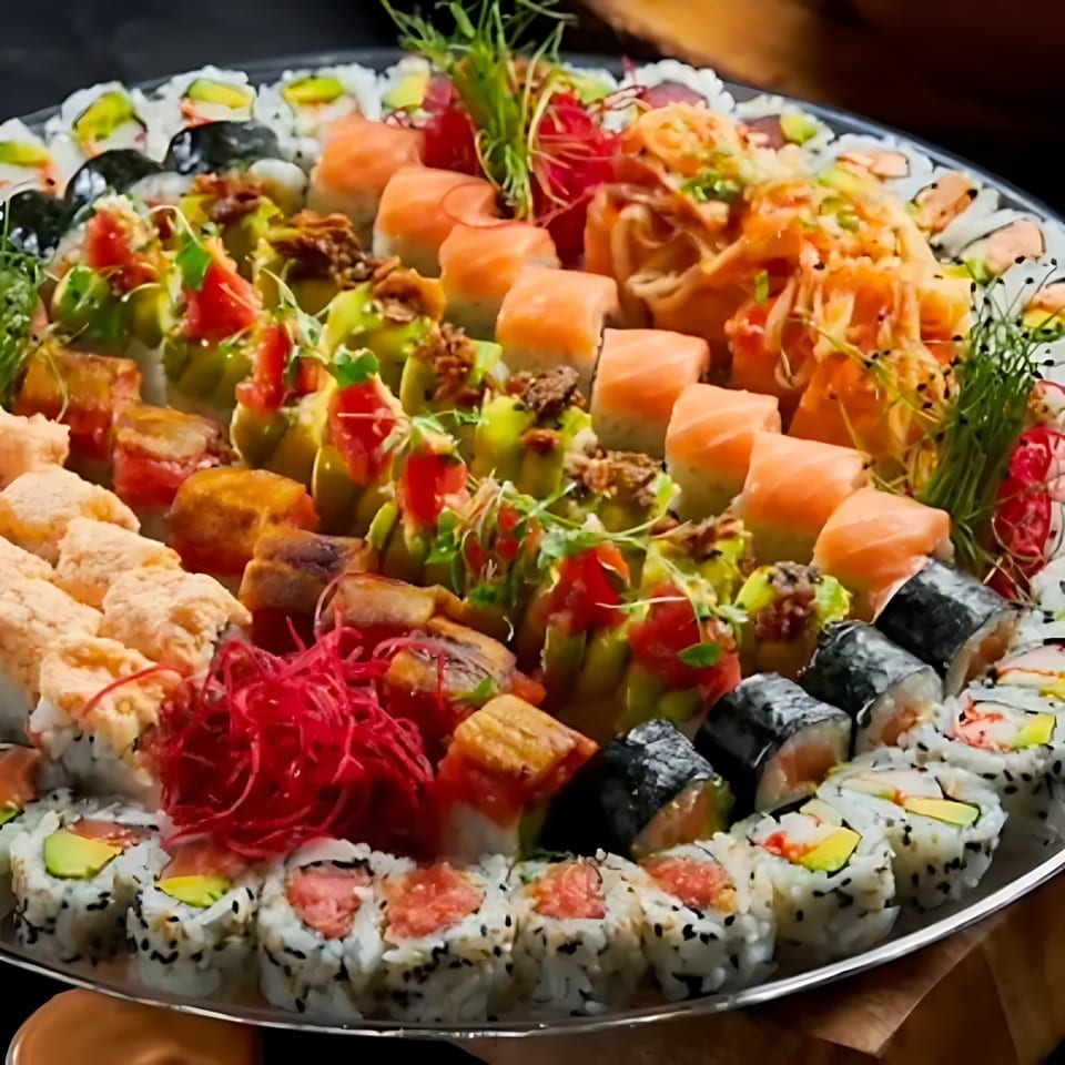 A large platter of diverse sushi rolls, including salmon, avocado, and tuna, garnished with microgreens.