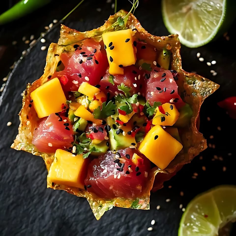 Blue Koi Sushi's tuna poke with mango, avocado, and sesame seeds in a crispy wonton cup.
