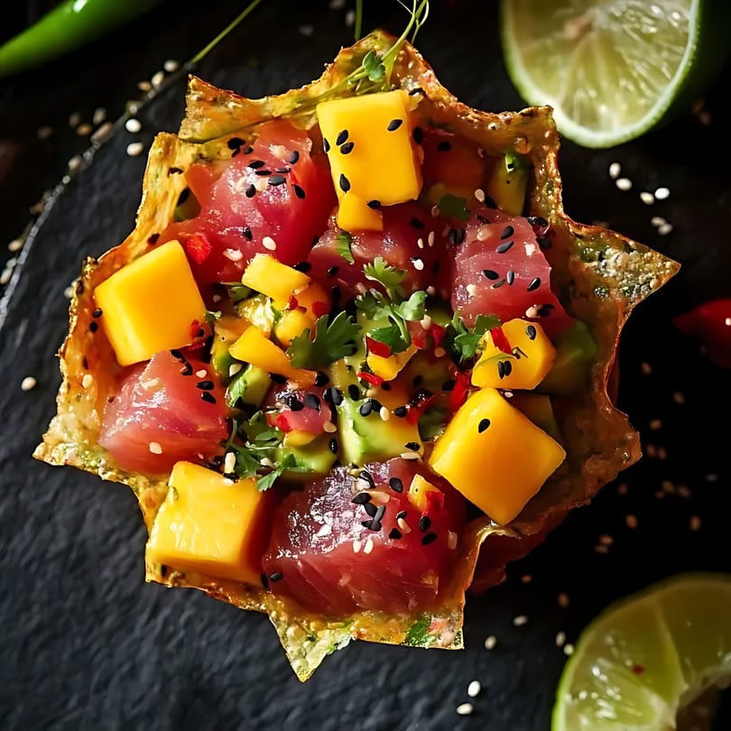 Blue Koi Sushi's tuna poke with mango, avocado, and sesame seeds in a crispy wonton cup.