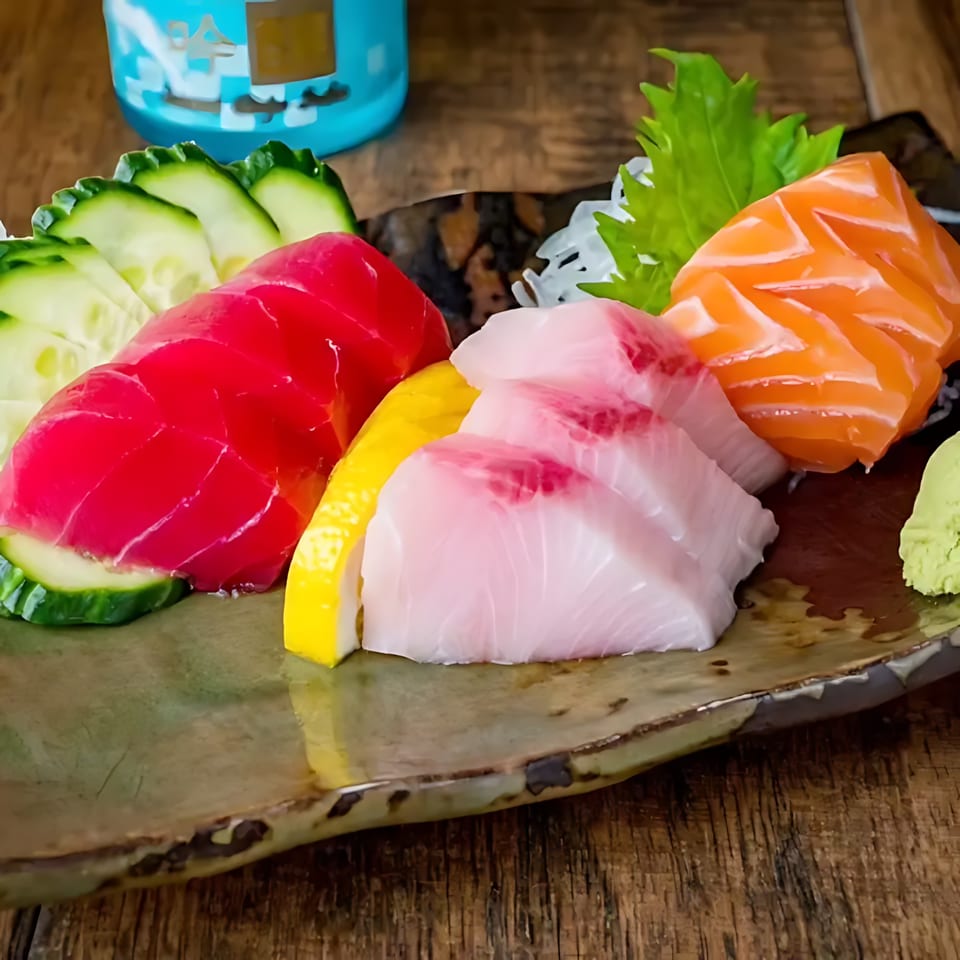 Blue Koi Sushi's colorful sashimi platter with tuna, salmon, and white fish, garnished with cucumber and lemon.