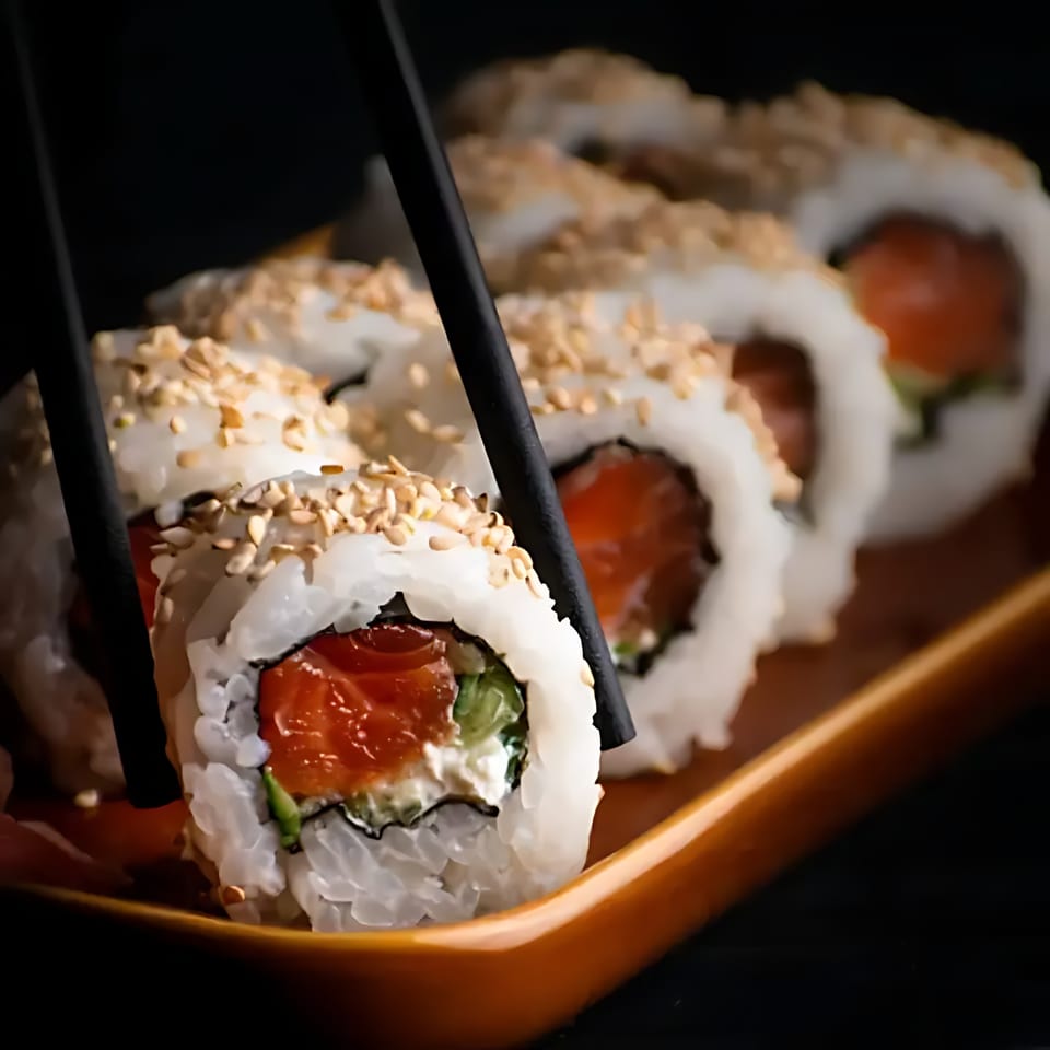 Chopsticks picking up a salmon and cream cheese sushi roll topped with sesame seeds from a wooden plate.