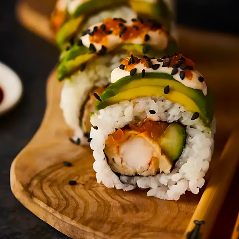 Blue Koi Sushi's shrimp tempura roll with avocado, spicy mayo, and black sesame seeds.